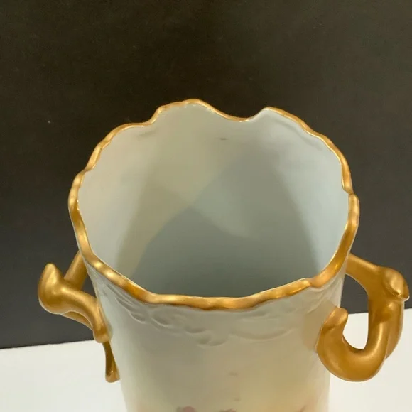 Large Vase Porcelain Roses Gold tone Trim Signed 12 inches Tall Vintage